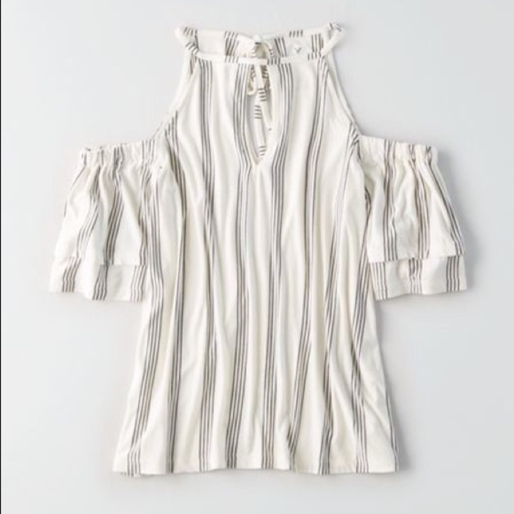 AEO Soft & Sexy Striped Cold Shoulder Top White